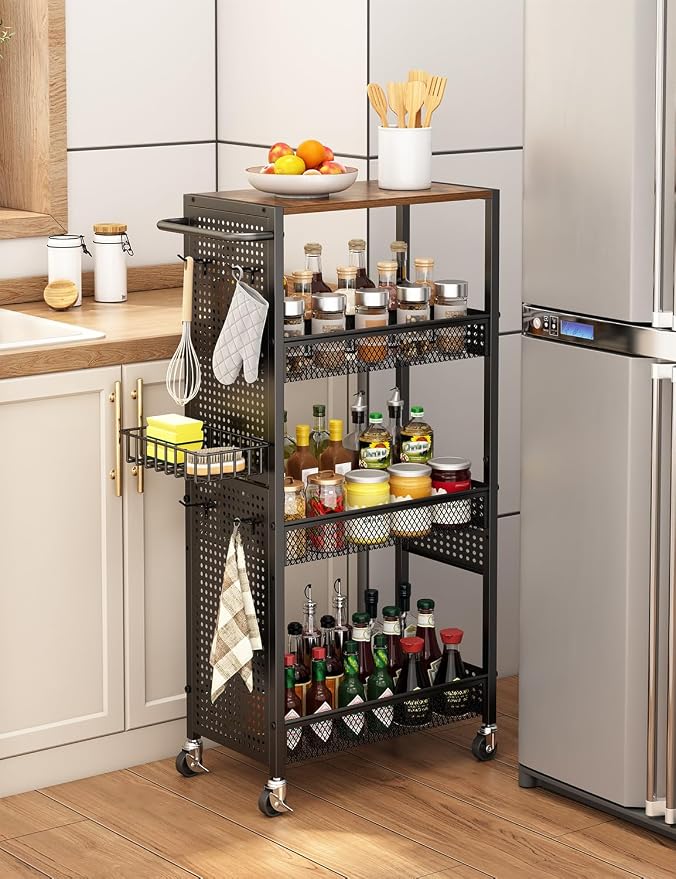 Slim Storage Rolling Cart: 4-Tier Narrow Metal & Wood Utility Cart with Wheels for Kitchen/Laundry/Bathroom(Black) by Stayorganized
