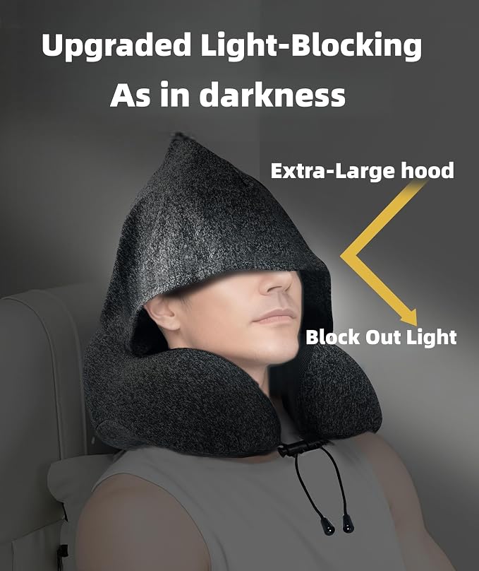 Travel Neck Pillow with Extra Large Hood Rollable Airplane Hooded Neck Pillow with Memory Foam Filling and Removable, Skin-Friendly Cover with a Carrying Case & Pouch (Cationic) - Image 2