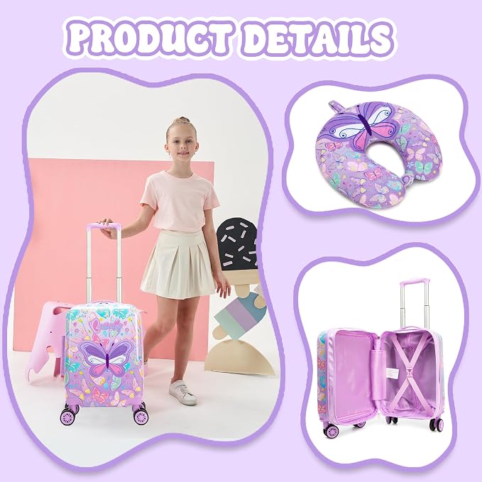 Kid's Luggage Set 5 Piece Suitcase Set 16" Hardside Luggage with Spinner Wheels Girls Carry on Toddler Travel Rolling Suitcase with Neck Pillow Airline Approved - Image 5