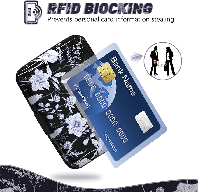 Credit Card Holder, Mini RFID Small Aluminum Card Wallet Business Card Case | Blocking Slim Metal RFID Blocking Front Pocket Wallet Hard Case Durable CC Holder for Women Girls, Black White Floral - Image 2