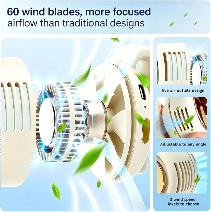 Portable Silent Clip-On Bladeless Personal Fan, Wearable Waist & Neck Fan, 360° Rotation, 3 Speeds, USB-C Rechargeable, Compact & Lightweight, Hands-Free Cooling for Travel, Office & Outdoor (White) - Image 3