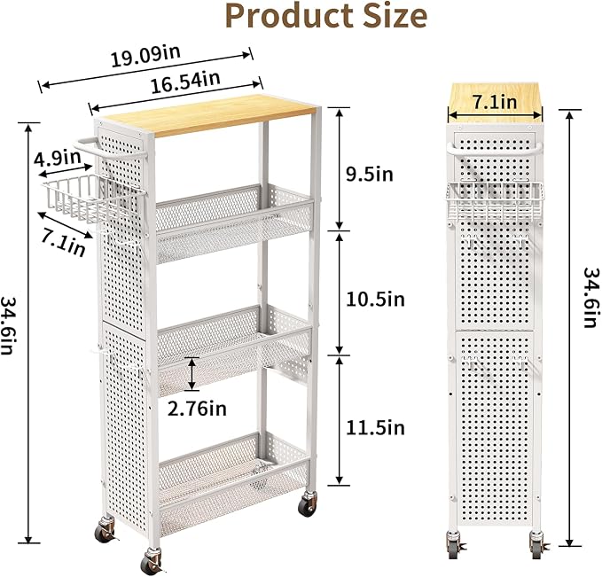 Slim Storage Rolling Cart: 4-Tier Narrow Metal & Wood Utility Cart with Wheels for Kitchen/Laundry/Bathroom(White) - Image 7