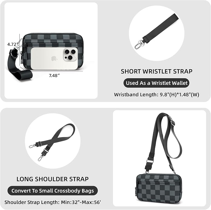 FODOKO Wristlet wallets for Women RFID crossbody bags with 4 Zippers | Checkered quilted nylon with credit card slots, cell phone organizer, and coin purse for travel and everyday carry - Image 3