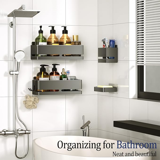 Bathroom Shower Caddy,No Drill Shower Shelves(5-piece Set-Grey) | Wall-mounted shelf with soap dish and toothbrush holder, ideal for bathroom storage and also suitable for kitchen - Image 3
