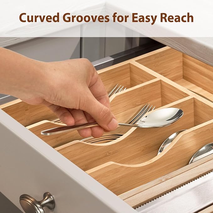 Kitchen Drawer Organizer, 10 Inch Silverware Utensil Tray Holder, Extra Deep, with Non-Slip Feet & Grooved Drawer Divider, 5 Slots Total Bamboo Wood Caddy for Flatware Cutlery Knives - Image 7