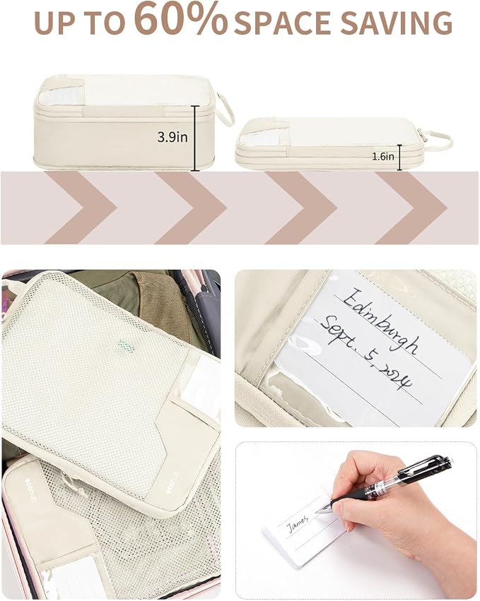 ECOHUB 4 Set Compression Packing Cubes for Travel Essentials, Suitcases Organizer Bags with Tag, Travel Bags Organizer for Luggage, Beige-Compress - Image 2
