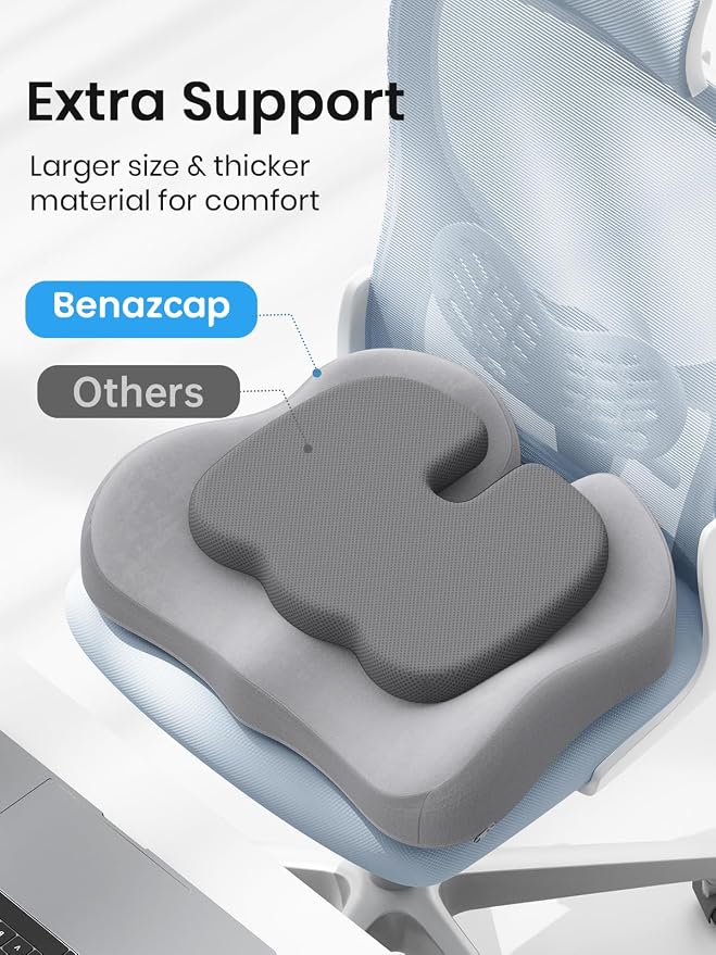 Benazcap Seat Cushion - Memory Foam Car Seat Pad - Sciatica & Lower Back Pain Relief - Car Seat Cushions for Driving - Road Trip Essentials for Drivers, Grey - Image 3