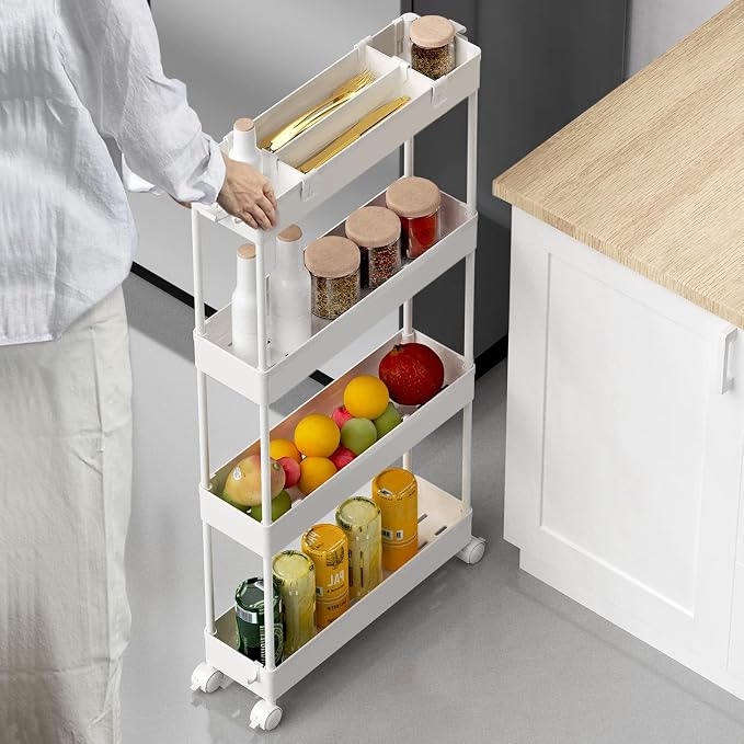 Slim Storage Cart 4 Tier,Bathroom Organizer Rolling Utility, Mobile Shelving Unit Slide Out for Office, Kitchen, Laundry Room & Narrow Places,White - Image 2