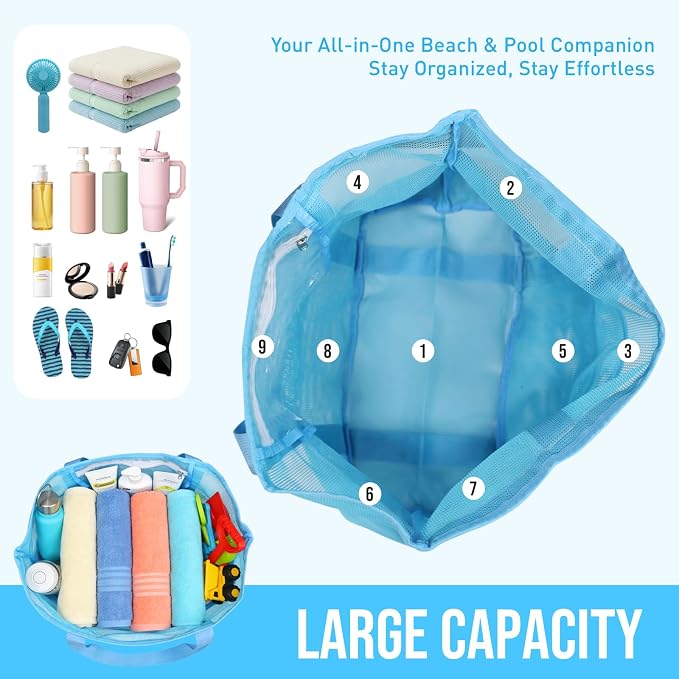 Large Mesh Beach Tote Bag, 9-Pocket Foldable Summer Vacation Beach Bag for Travel, Pool, Gym, Cruise - Image 4