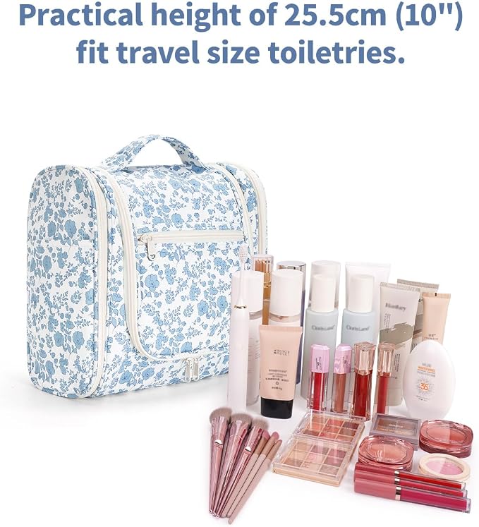 Narwey Large Hanging Toiletry Bag for Women Travel Makeup Bag Make up Organizer Toiletries Bag for Cosmetics Essentials Accessories (Large, Blue Flower) - Image 4