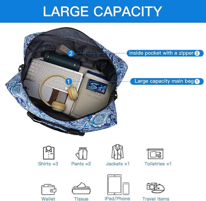 F.FETIVIN Weekender Bag Carry On Travel Duffle Bag Medium Overnight Bag for Women (Blue Paisley) - Image 3
