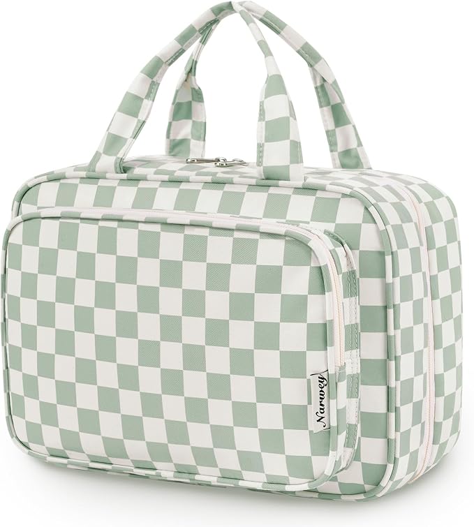 Narwey Travel Toiletry Bag for Women Large Capacity, Hanging Makeup Bag Organizer Toiletries Bag for Full Size Essentials, Accessories, Brushes, Cosmetics (Mint Green Checkerboard (Large)) by Narwey