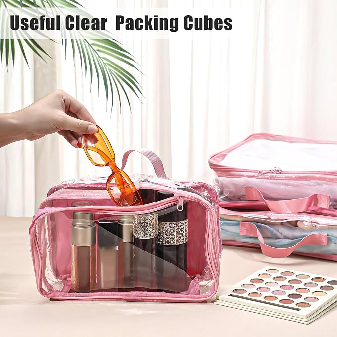 Hillban 6 Pcs Pink Large Clear Travel Packing Cube 3 Sizes See Through PVC Organizer for Suitcase Multipurpose Pouch with Handle Vinyl Zippered Storage Bags Luggage Cube Organizer - Image 4