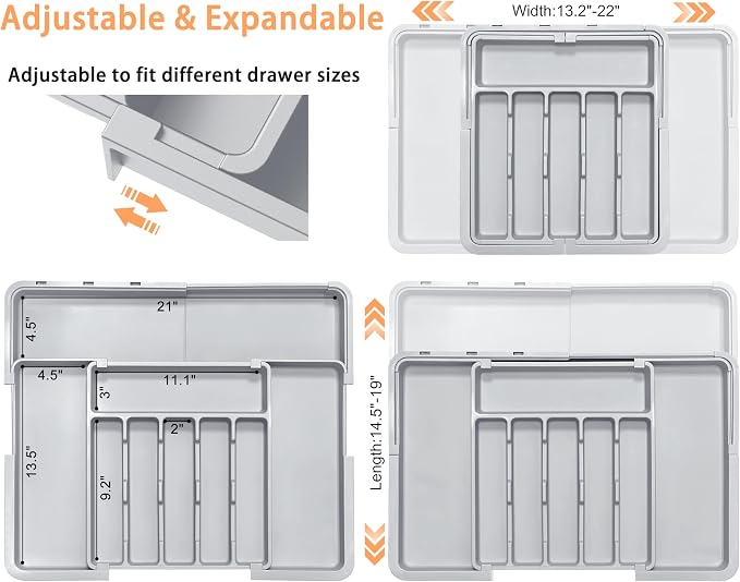Silverware Organizer Expandable Kitchen Drawer Organizer Adjustable 22"x 19" Utensil Organizer with Rubber Feets Cutlery Drawer Organizer for Spoons Forks Knives Kitchen Organizers and Storage Grey - Image 2