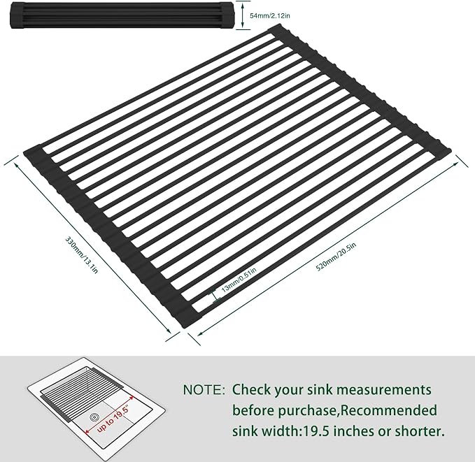 HANZENMA Roll Up Dish Drying Rack Over The Sink Kitchen Roll Up Sink Drying Rack Multipurpose Foldable Sink Drying Mat, Heat-Resistant, Anti-Slip & Anti-Rust Dish Rack for Kitchen, 20.5" x 13", Black - Image 2