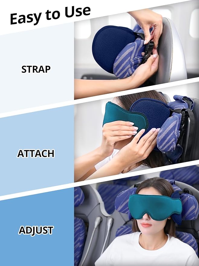 Travel Pillow for Airplane, 360° Head Support for Long Flight | Seat Strap System, On Headrest, Stable Comfort, Stop Bobblehead, 3D Eye Mask Airplane Pillow, Travel Accessories, Royal Blue - Image 5