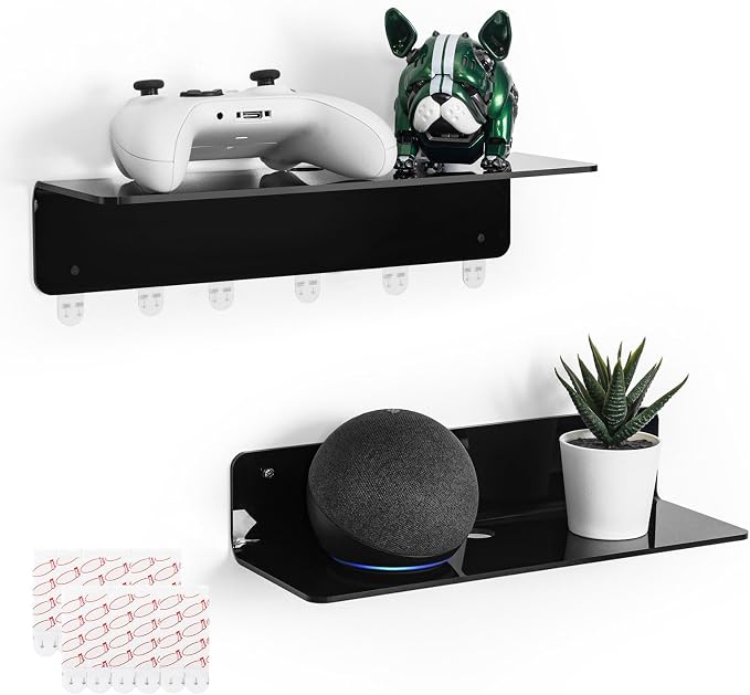OAPRIRE Acrylic Floating Wall Shelves Black, Damage Free, 12 Inch 2 Pack | Strong Tape Adhesive Wall Shelf No Drill, Easy Installation, Hole Design with Cable Clips, Small Spaces Bedroom Bathroom by OAPRIRE