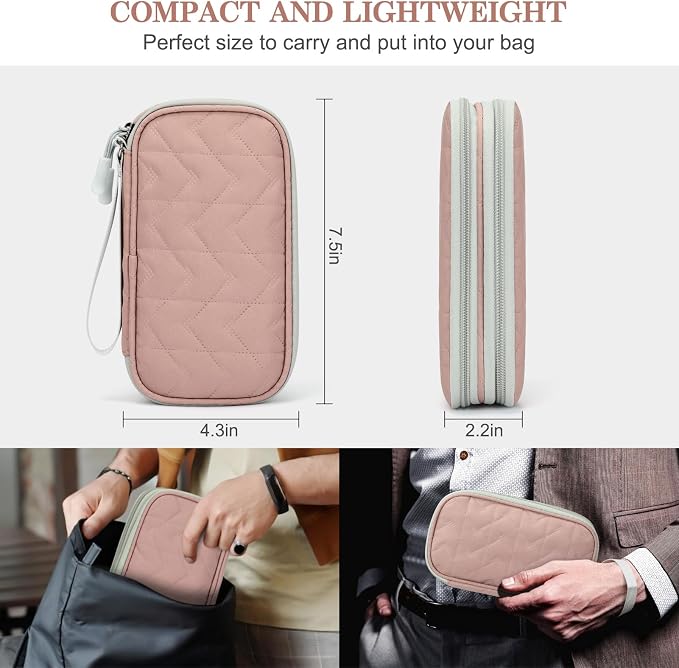 FYY Electronic Organizer, Travel Tech Pouch, Cable Organizer Pink Quilted | Wrist Strap, Waterproof, Double Layers Portable Electronics Travel Carrying Case for Cord, Charger, Daily Business Trips Use - Image 2