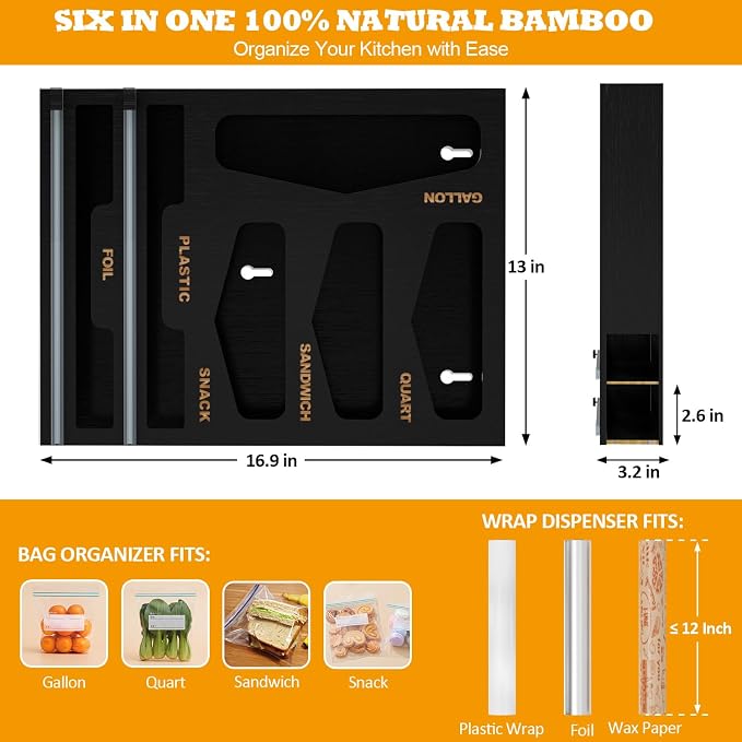 DALSHABET Bamboo Bag Organizer with Magnetic Closure, 6 In 1 Kitchen Drawer Foil and Plastic Wrap Dispenser with Cutter, Storage bag for Gallon, Quart, Sandwich, Snack Black - Image 2