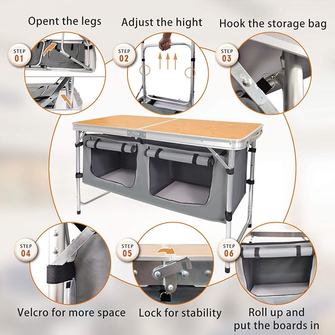 Folding Camping Table with Storage Lightweight Camp Tables Portable Indoor/Outdoor Collapsible Table Height Adjustable Camp Kitchen Perfect for Picnic, Beach, Travel, Tailgating, Backyards, BBQ, Party - Image 7