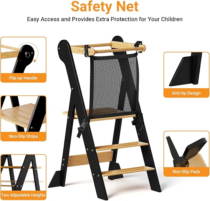 COSYLAND Foldable Toddler Kitchen Stool Helper - Height Adjustable Standing Tower for Bathroom Sink or Kitchen Counter - Step Stool for Toddlers Ages 18 Months to 6 Years Black & Natural | Folding 2-level Height Stand Tower, kids 18M-6Y, 70% pre-assemb... - Image 3