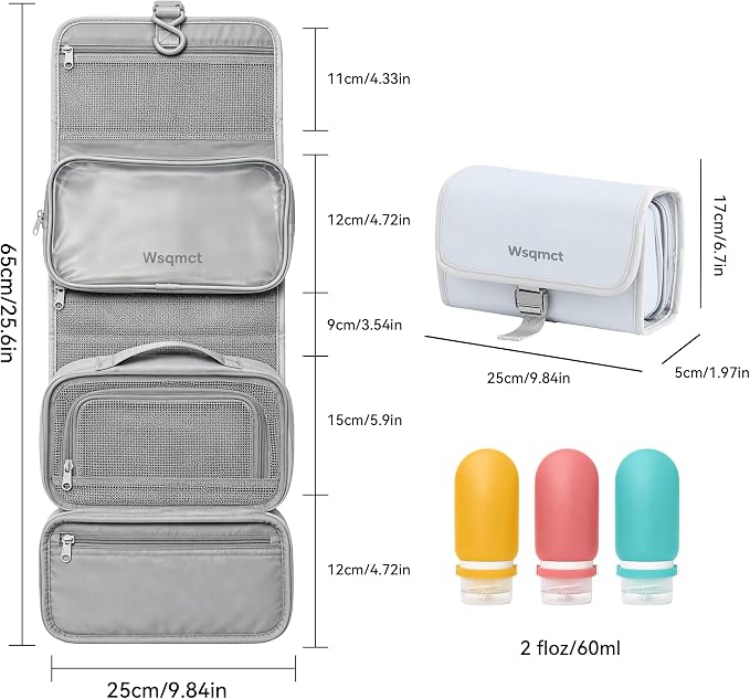 Hanging Travel Toiletry Bag, Waterproof Travel Bag for Toiletries Makeup Cosmetic Bag Organizer for Women Traveling Bathroom Shower, with 3 Silicone Travel Bottles, Blue - Image 3