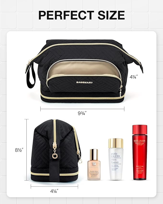 BAGSMART Travel Makeup Bag, Cosmetic Bag Make Up Organizer Case, Large Wide-open Pouch for Women Double Layers Purse for Toiletries Accessories Brushes Black - Image 5