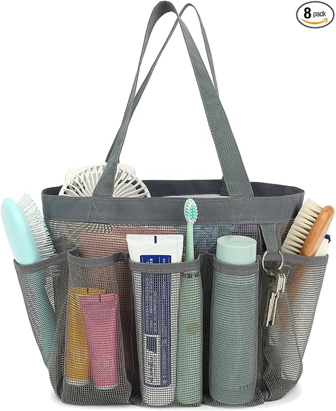 Fammart Mesh Shower Caddy Portable for College Dorm Room Essentials, Odorless Polyester Large Shower Tote Bag with Dual Handles, 8-Pocket Quick-Dry Toiletry Organizer for Travel, Beach, Camping, Gym by Fammart