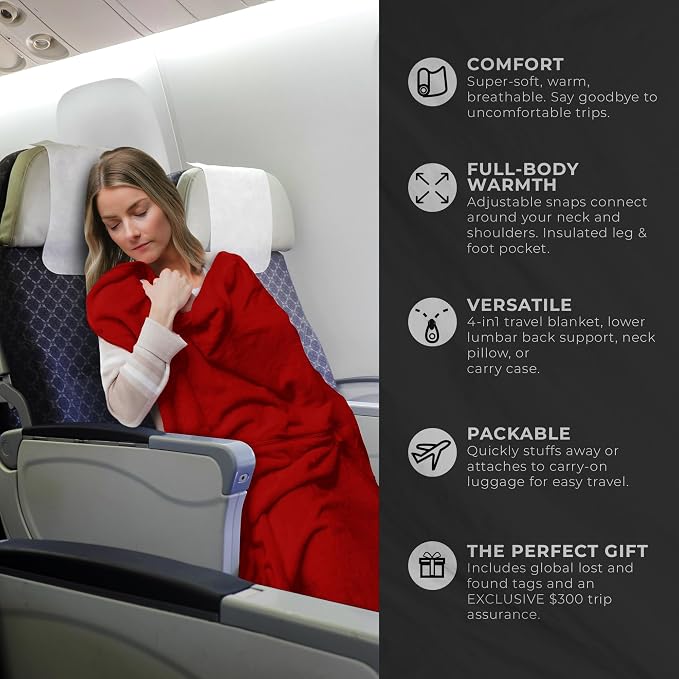 Zero Grid Lightweight Airplane & Travel Blanket with Foot Pockets, Red | Compact Wearable Blanket with Neck Snaps, Zips & Converts to Soft Pillow for Ultimate Comfort - Image 2
