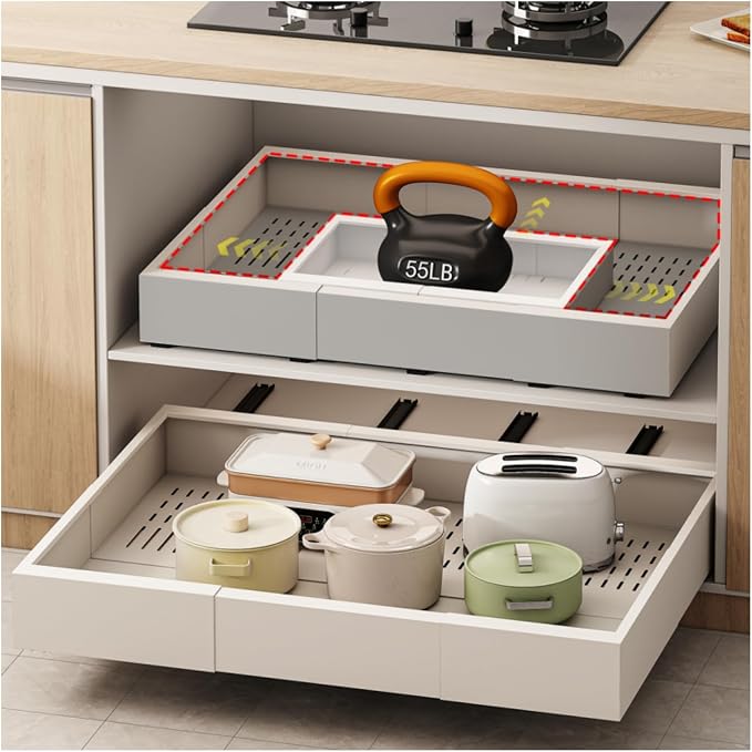 Fokyfok Pull Out Cabinet Organizer,23"-31"W,17"-24"D,Expandable,Adhesive | No Drill,5 Rails,Adjustable Slide out Drawers for Kitchen,Pantry,Roll out Shelves,Cabinets Without Lip,Framless,White,1PC by Fokyfok