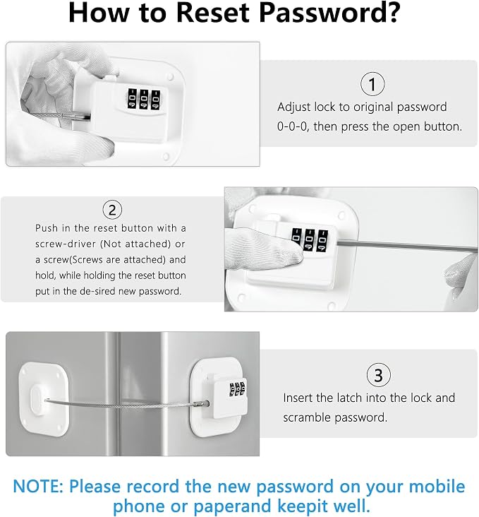 Refrigerator Lock, Heavy Duty Fridge Lock, Combination Lock for Refrigerator Cabinets, Drawers, Safety Lock, Easy Install No Keys Needed (White-4Pack) - Image 5