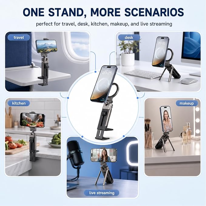 Travel Phone Holder 360 Magnetic Stand | For Airplane Desk Office Gym, Foldable Metal Stand with 40 N55 Magnets, Military Grade Dual Spring Clamp for Turbulence - Image 4