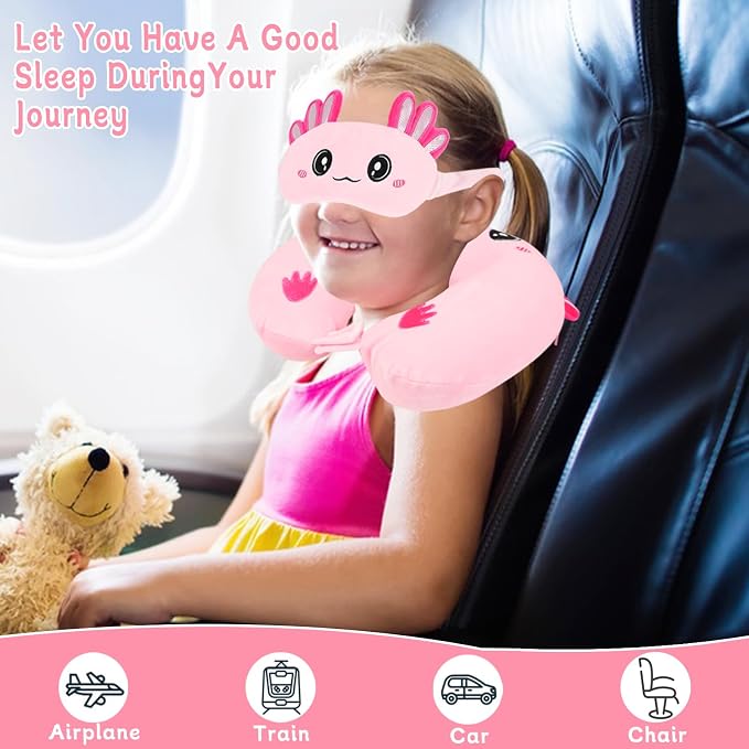 Travel Pillow, Kids Travel Pillow with Sleep Eye Mask Soft Memory Foam Kids Neck Pillow for Boys & Girls, Travel Accessories for Car Airplane Traveling - Axolotl - Image 6