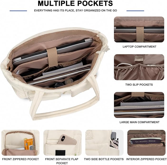 Women Quilted Tote Bag,Lightweight Puffer Travel Bag with Multi Compartment,Luggage Sleeve & Water Bottle Pockets - Image 5