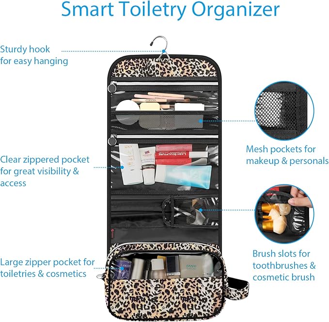 FINTIE Portable Toiletry Cosmetic Travel Bag Hanging Makeup Organizer | Large Water Resistant Storage Pouch Case, For Women Girls, Leopard - Image 2
