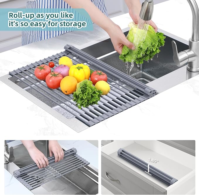 Ohuhu Over Sink Dish Drying Rack Silicone Wrapped 17.6" W x 15.4" L Large Over the Sink Roll Up Dish Drainer - Foldable Sink Drying Rack Rolling Drain Mats Anti-Slip Multipurpose for Kitchen Counter - Image 7
