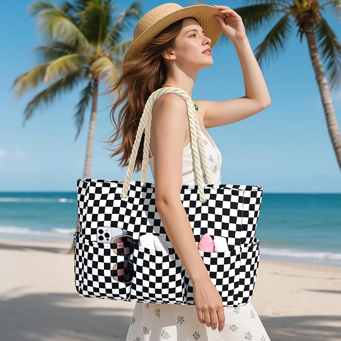 Becokan Beach Bags for Women Canvas Large Beach Tote Bag Zipper Waterproof Sandproof Foldable Swim Pool Bag with 7 Pockets - Image 2