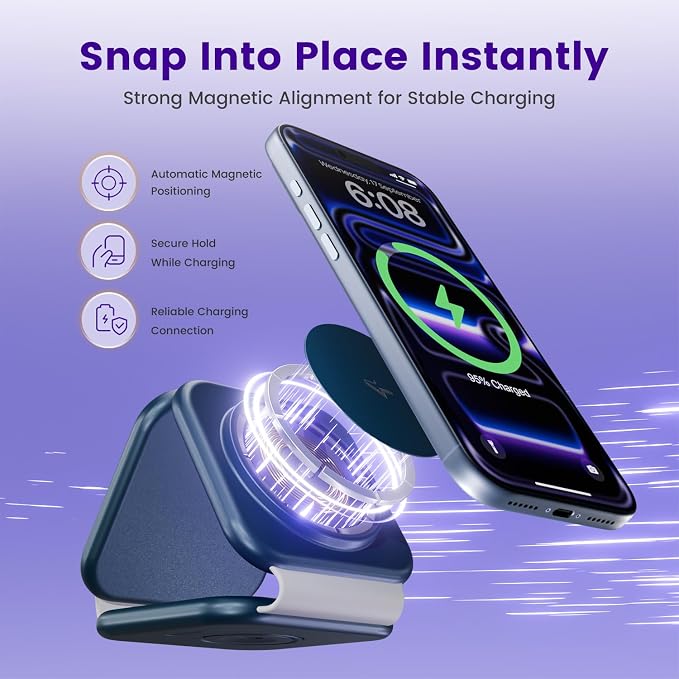 15W Magnetic Travel Charging Station, 3-in-1 Foldable MagSafe Charger | Wireless Charger for Apple Multiple Devices - iPhone Air 17 16 15 14 13 20 Pro Max, Watch & AirPods - Navy Blue - Image 3