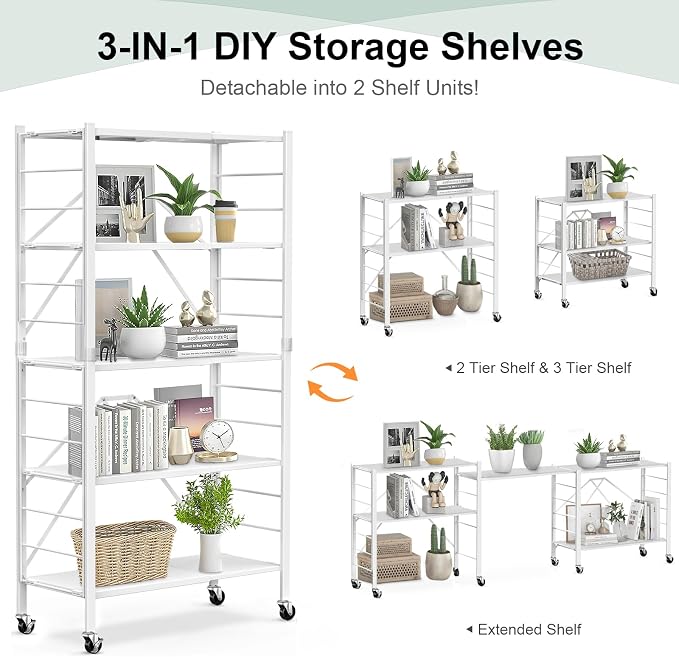 Himix 5-Tier Foldable Storage Shelves with Wheels Expandable Kitchen White | Folding shelving units, Metal collapsible organization, Changeable into 2 shelf units, Garage, Adjustable, Holds 2400 Ibs - Image 3