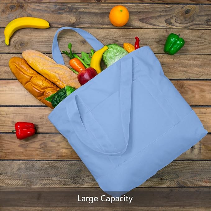 TOPDesign 1-Pack Canvas Tote Bag with an External Pocket, Reusable Grocery Shopping Bag, Top Zipper Closure, Daily Essentials (Light Blue) - Image 3
