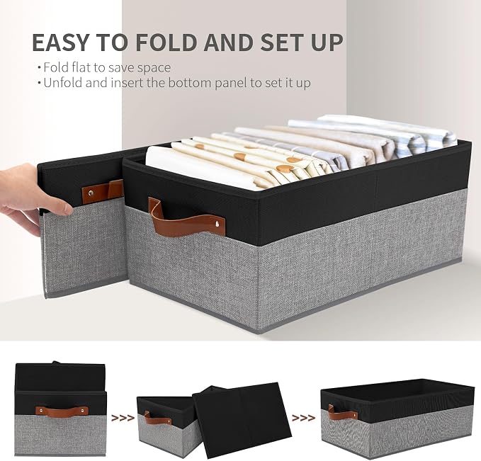 3 Pack Large Capacity Storage Bins Closet Organizer for Shelves | Fabric Closet Storage Baskets Boxes with Leather Handles for Organizing Clothes, Sheets, Jeans, Toys, Books (Black and Grey) - Image 7