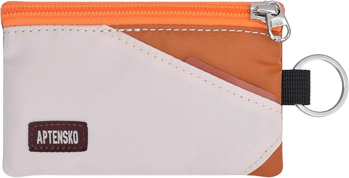 RFID Blocking Travel Wallet with Adjustable Lanyard, Small Nylon Zipper Pouch and Badge Holder for ID, Credit Cards, Cash, Keys, Commuters (Almond+Rust) by APTENSKO