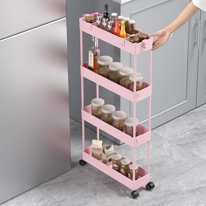 Slim Storage Cart 4 Tier,Bathroom Organizer Rolling Utility,Mobile Shelving Unit Slide Out for Office, Kitchen, Laundry Room & Narrow Places,Pink - Image 4