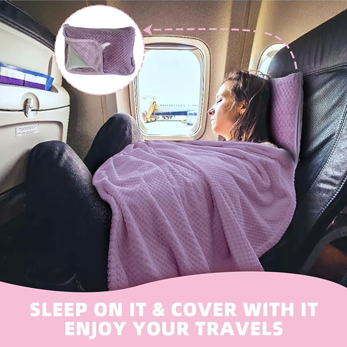 3 in 1 Travel Blanket Pillow Set - 350 GSM Thick Travel Blanket Airplane Compact with Bag, Soft Bag with a Pocket, Inflatable Travel Pillow for Camping & Car Trip (Violet) - Image 2