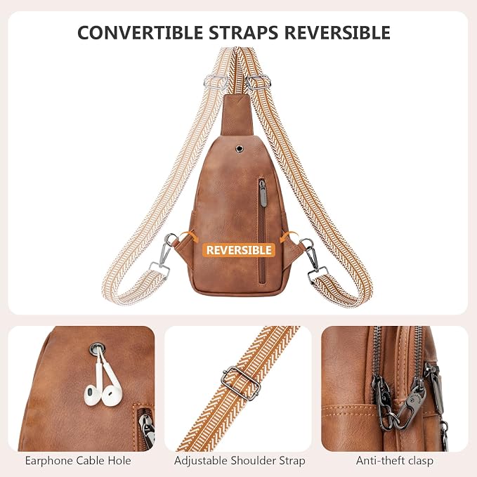 Anti-theft Sling Bags Women Small PU Leather Chest Fanny Pack | RFID Blocking,Safety Zipper,5 Card Slots,Adjustable Strap,Large Capacity,Multi Pockets,Faux Leather,Daypack,Bum Bags,Travel - Image 5
