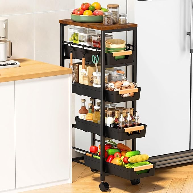 SUNALLY Slim Storage Cart with Wheels, Narrow Kitchen Rolling Cart, Black | 5-Tier Skinny Rolling Cart with Wooden Top & Lockable Wheels, Storage Organizer for Bathroom, Laundry Room, Narrow Space by SUNALLY