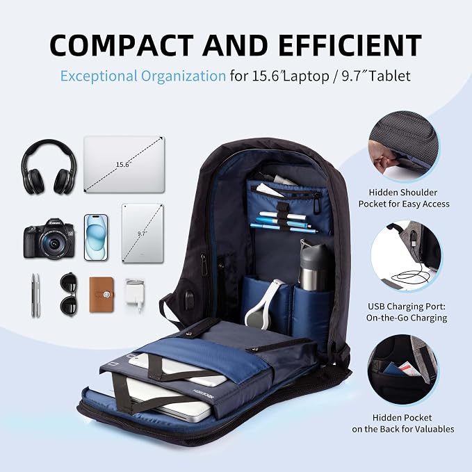 XDDesign Bobby Original 12.5L Anti Theft Laptop Backpack, 15.6" Laptop&9.7" Tablet Sleeve,Slash-resistant,Water Repellent,Shockproof, USB Charging Port Travel Carry on Flight Approved for Men&Women - Image 4