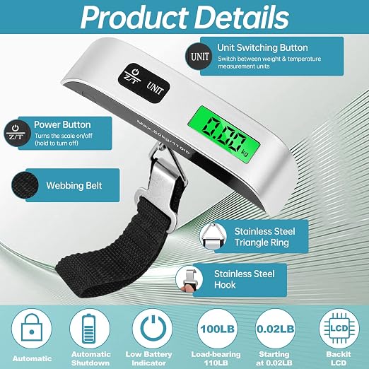 Visen Digital Luggage Scale, 3 Pack Luggage Weight Scale, 110LB | Handheld Digital Hanging Scales, Baggage Scale With Backlit LCD Display, Portable Suitcase Weight Scale With Hook for Travele - Image 3