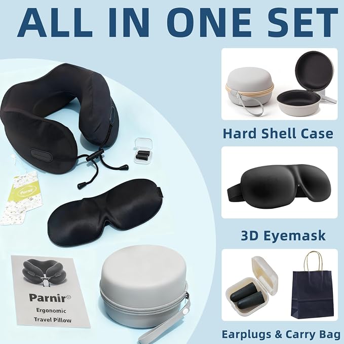 Ergonomic Travel Neck Pillow for Airplane, Memory Foam Support for Long Haul Flight Headrest, Soft Compact U Shaped for Adult Women Plane Sleeping, Portable Carry Box, Eyemask, Earplugs, Size S - Image 2