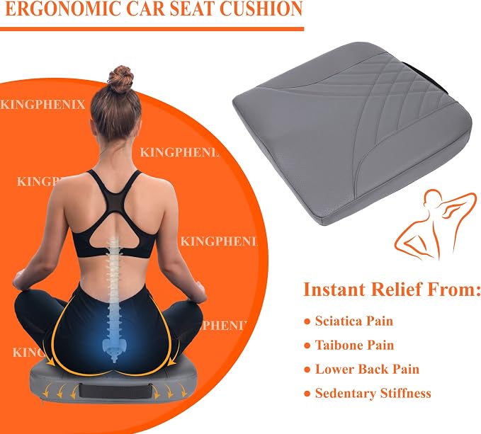 kingphenix Memory Foam Car Seat Cushion for Driving Comfort and Office Use | Coccyx and Lower Back Pressure Relief, Non-Slip Seat Cushion for Cars, Trucks, SUVs, Long Drives and Office Chairs, Gray - Image 4